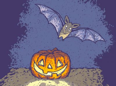 Bat flying around a pumpkin cartoon